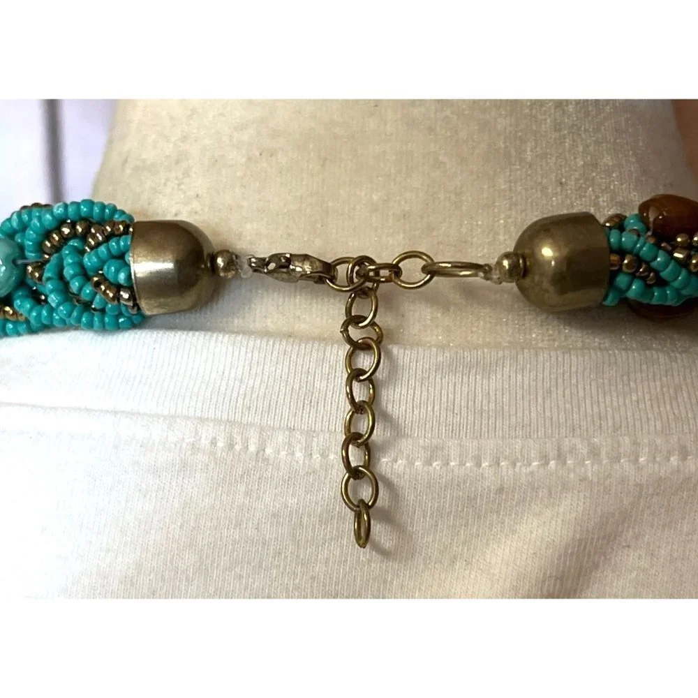 Turquoise Glass Bead Braided Necklace -- 18